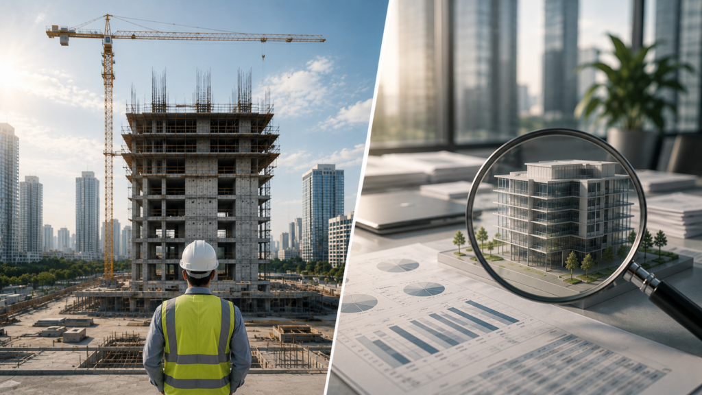 Ingeniero especialista en supervisión técnica e interventoría de proyectos revisando planos en una obra de construcción inmobiliaria.
