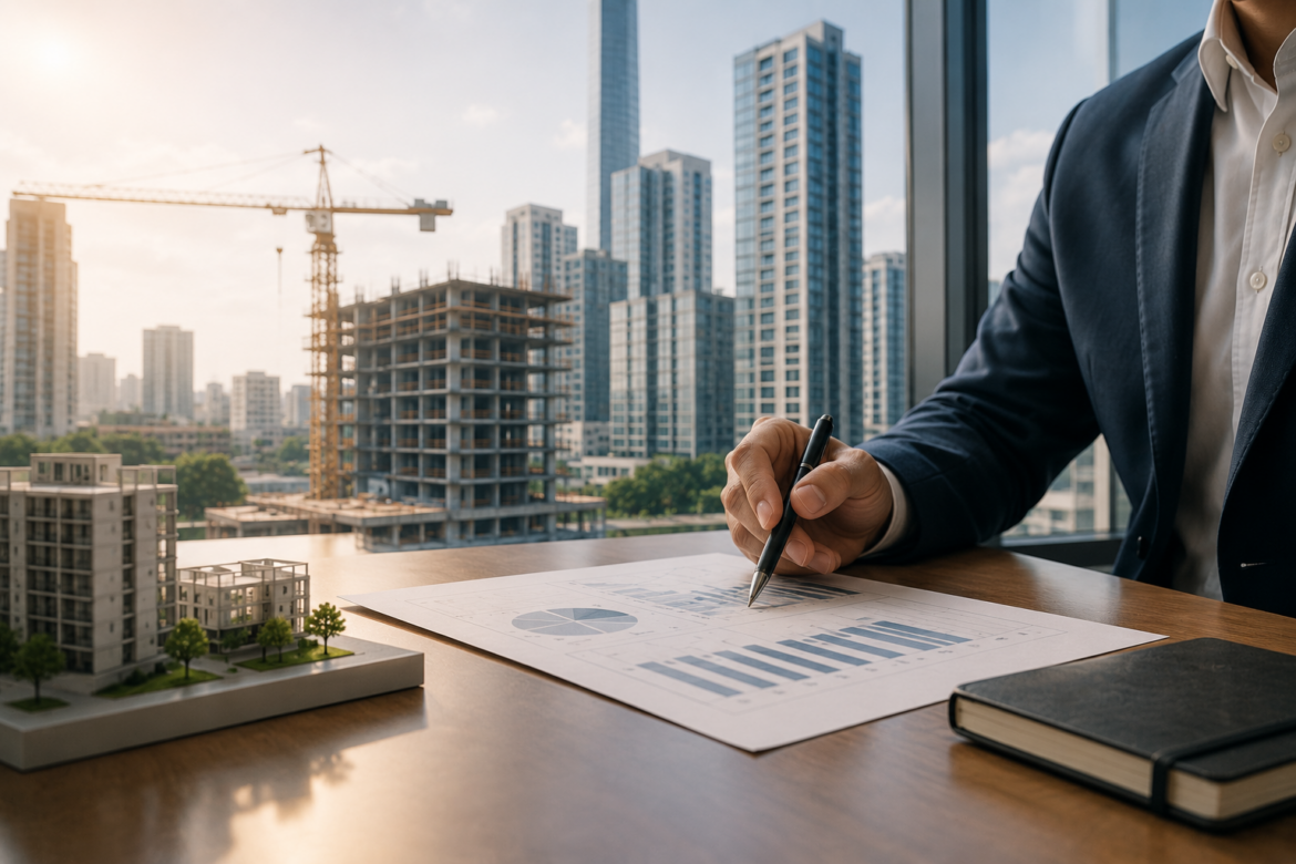 Planos de construcción bajo lupa junto a gráficos financieros de rendimiento para fondos de inversión inmobiliaria.