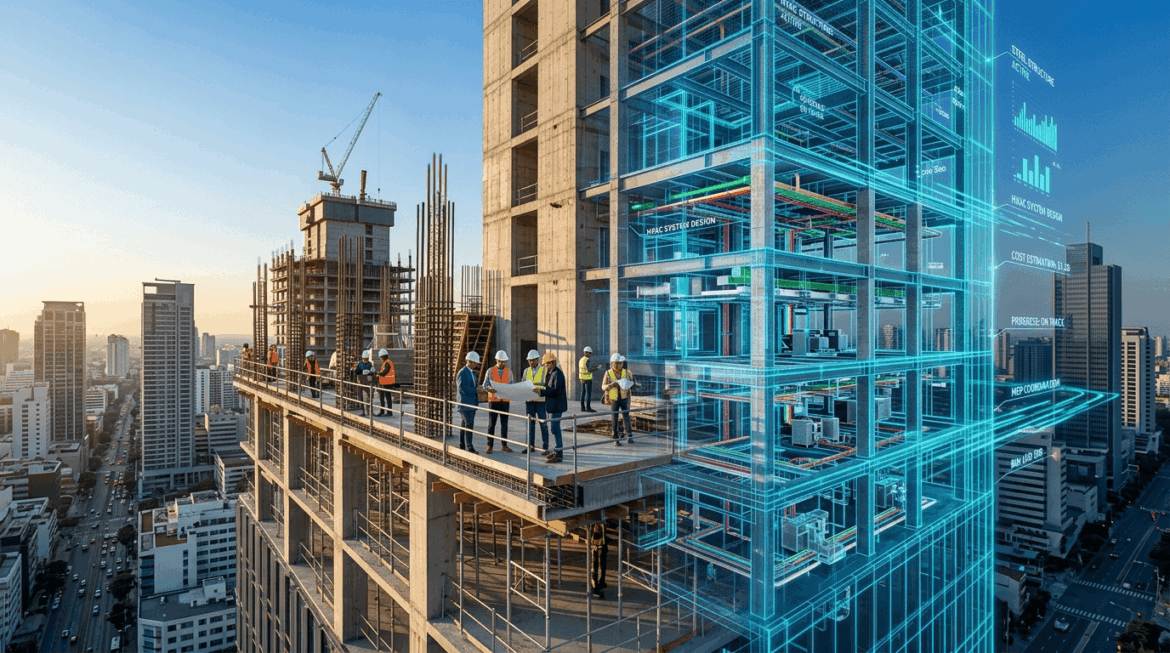 Ingeniero analizando un modelo 3D de construcción inteligente con metodología BIM
