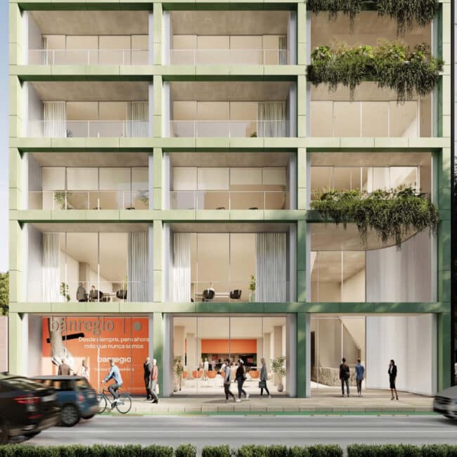 Renderizado de un edificio de gran altura con fachada verde, jardines verticales en cada balcón y una estructura de escaleras metálicas exteriores.