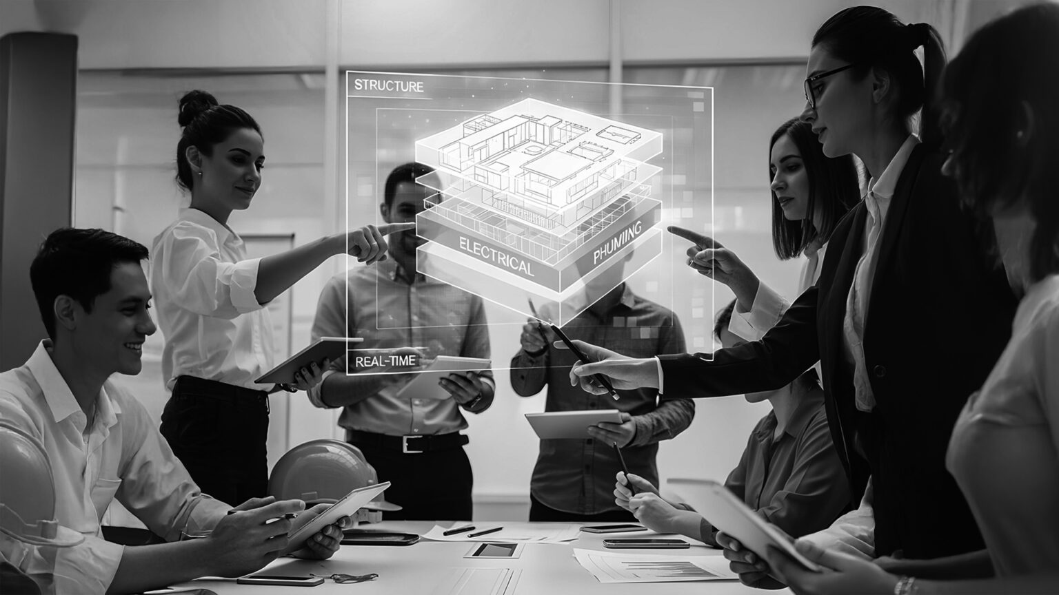 Fotografía en blanco y negro de un equipo de profesionales en una reunión de trabajo alrededor de una mesa, interactuando con una interfaz holográfica que muestra un modelo 3D detallado de un edificio con capas de estructura, electricidad y plomería.