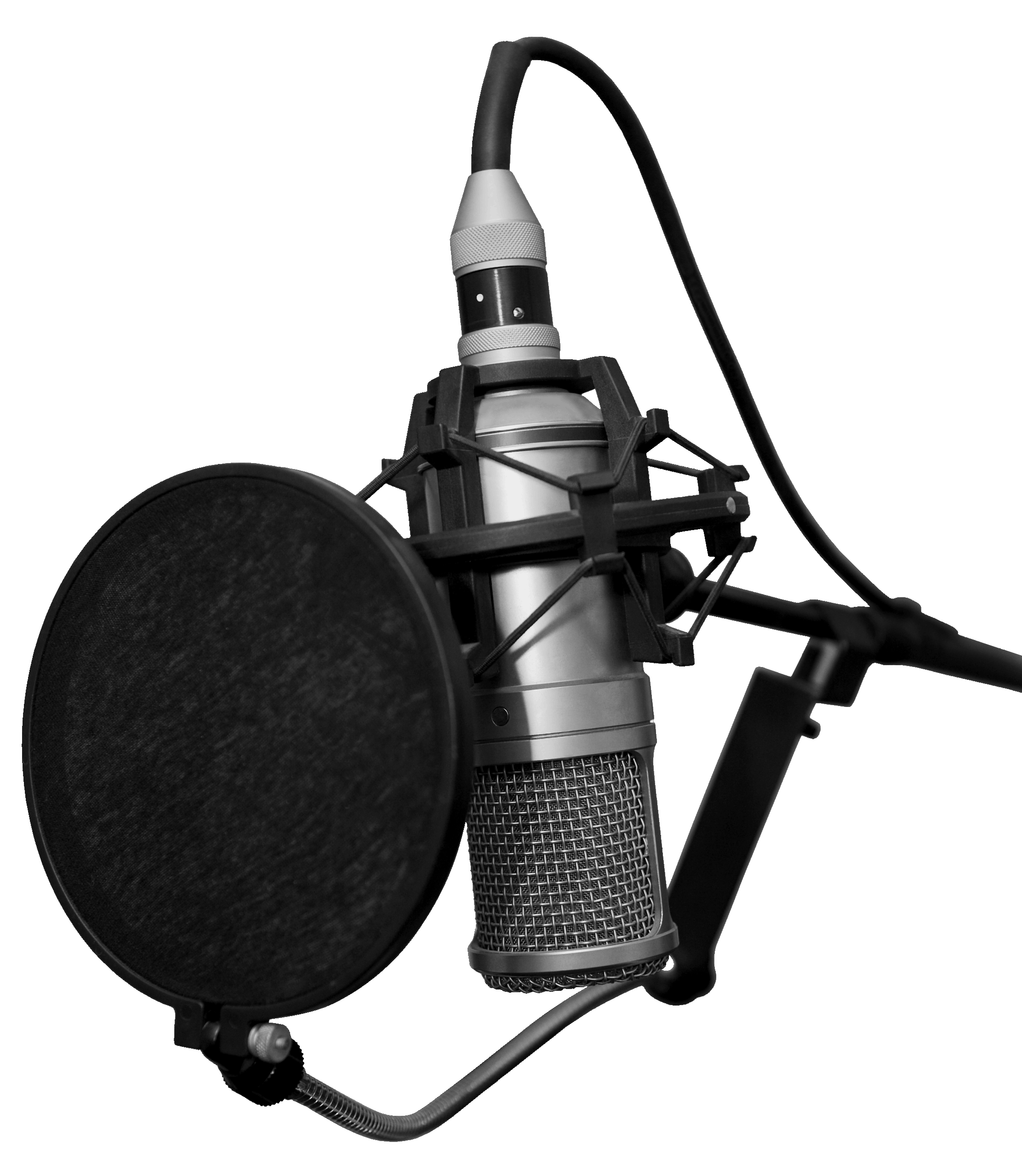 Un micrófono de condensador profesional con filtro antipop montado en un brazo articulado negro sobre un fondo gris neutro.