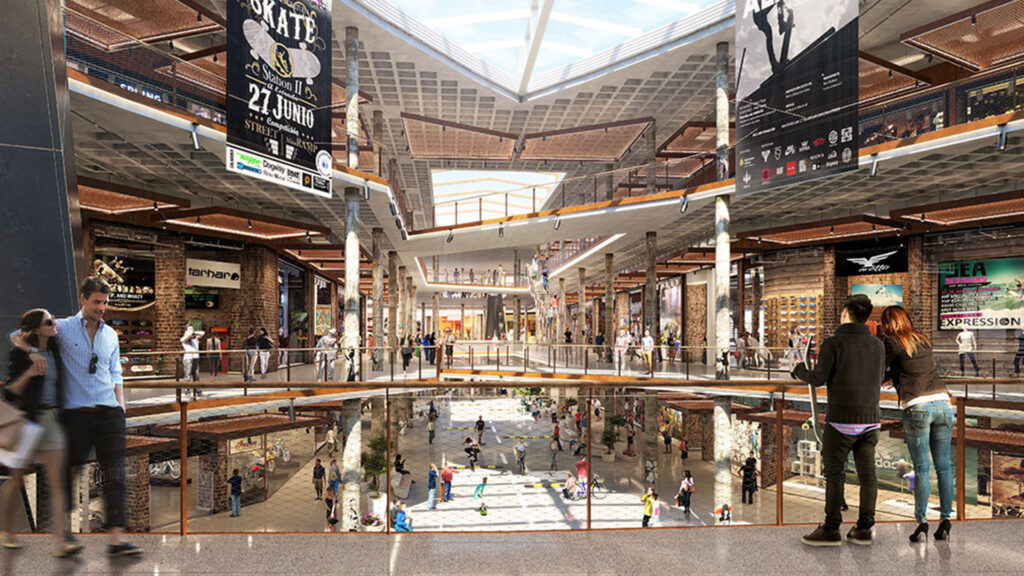 Render arquitectónico de un centro comercial moderno de varios niveles con diseño industrial, techos altos con claraboyas, pasillos amplios con gente caminando y locales comerciales con publicidad de eventos.