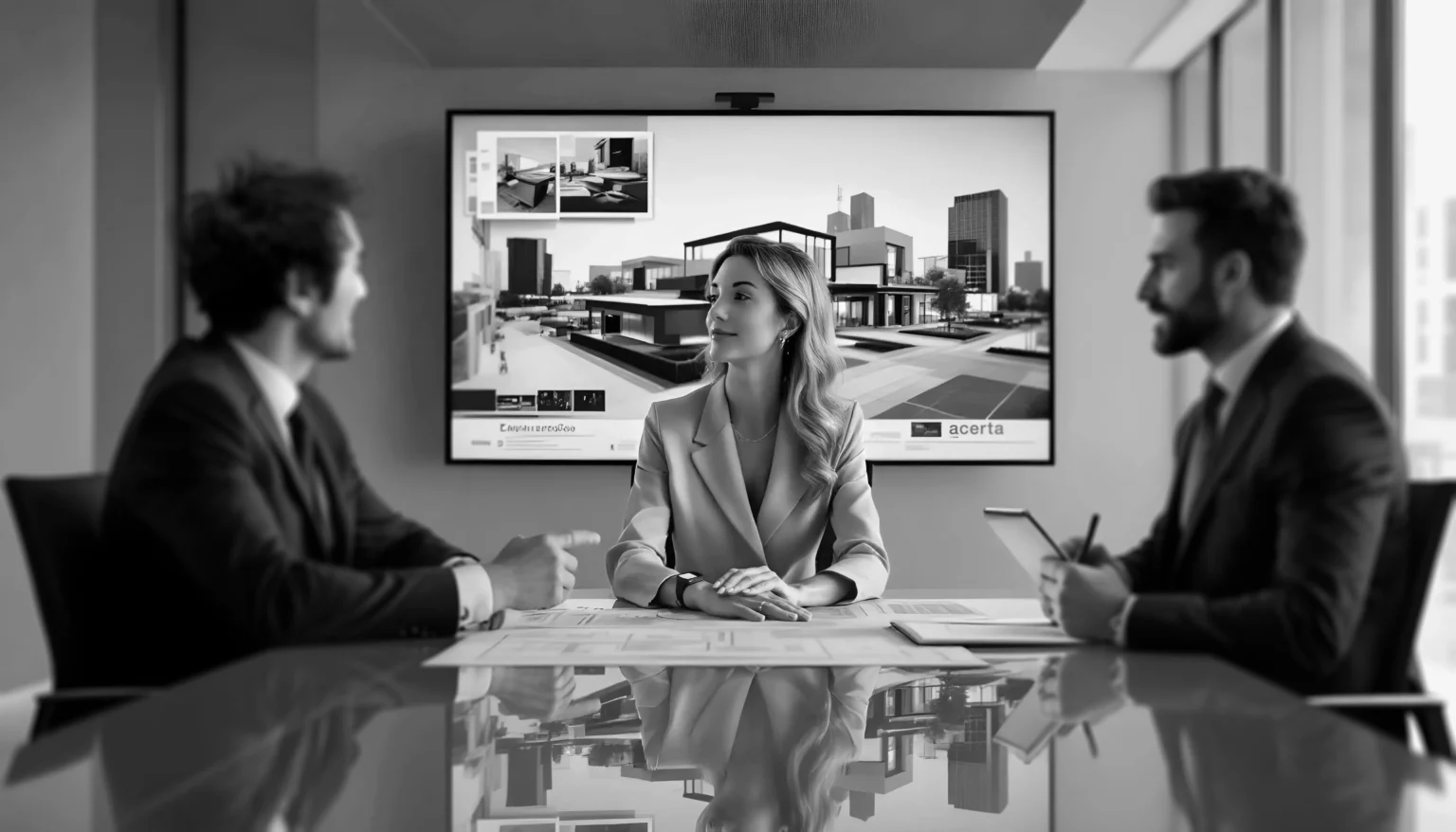 Fotografía en blanco y negro de una reunión ejecutiva donde una mujer y dos hombres analizan renders de edificios modernos proyectados en una pantalla digital con el logo de Acerta.