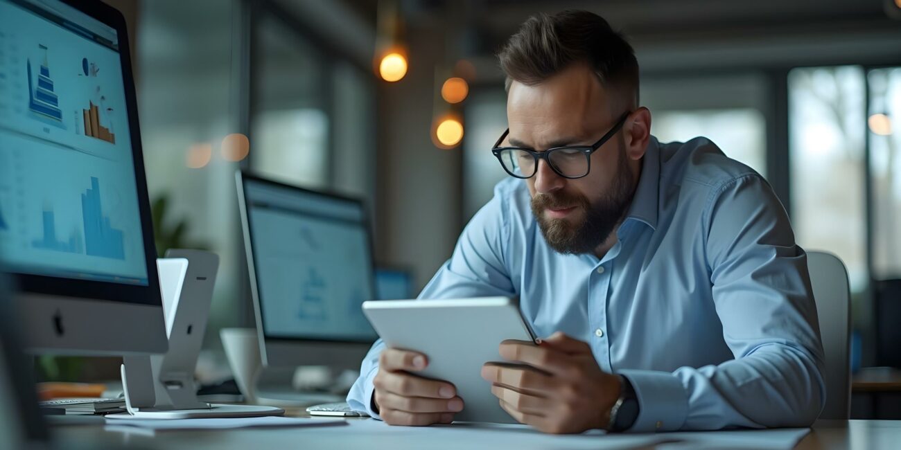 Un consultor con lentes y barba trabajando de noche en una oficina moderna, analizando datos en una tablet con monitores al fondo que muestran gráficas de rendimiento.