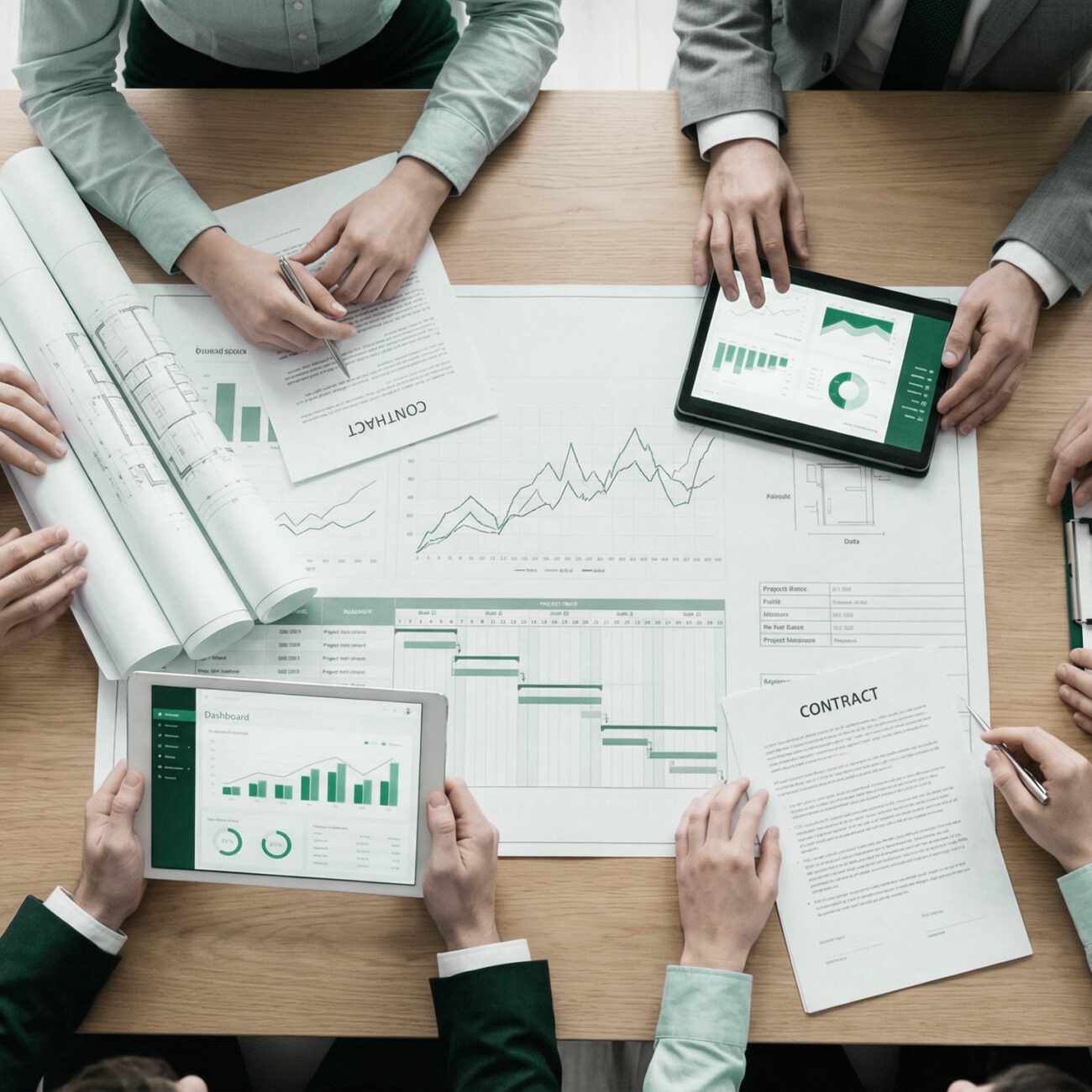Administración delegada en proyectos de construcción con control de presupuesto, cronograma y coordinación de equipos