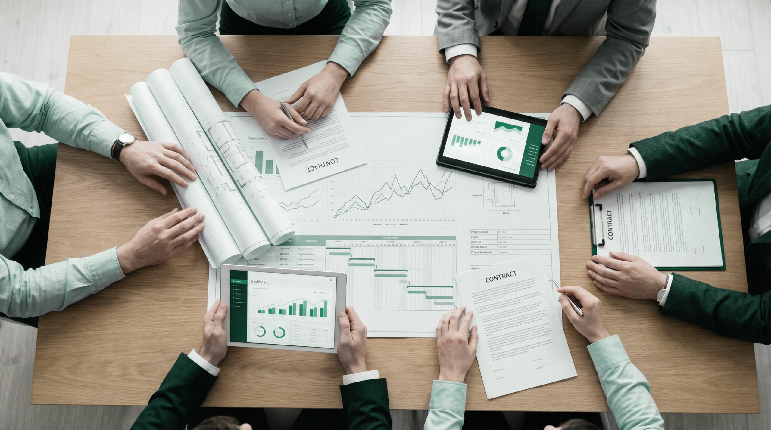Administración delegada en proyectos de construcción con control de presupuesto, cronograma y coordinación de equipos